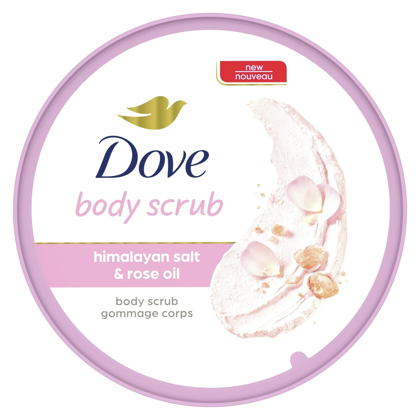 Dove Exfoliante Corporal Hidratante para Mujer para una Piel Visiblemente Sedosa y Nutrida, Himalayan Salt y Aceite de Rosa,