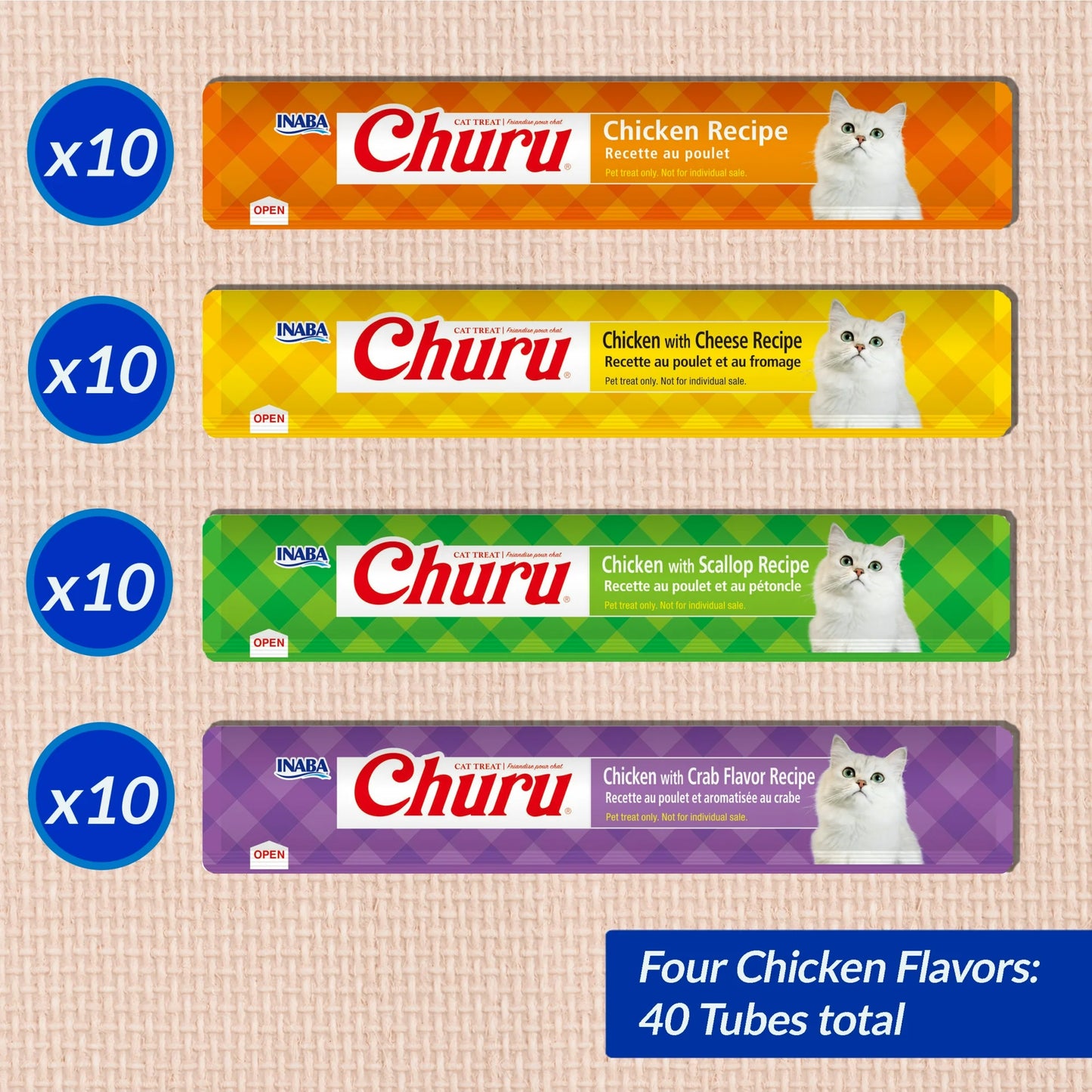 Inaba Churu Cremoso, Golosinas para Gatos Lamebles, 0.5 oz, 40 Tubos, Variedad de Pollo