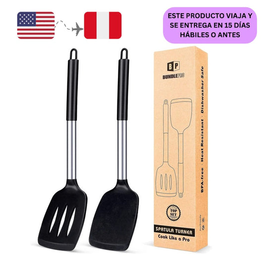 Bundlepro Pack de 2 Espátulas Volteadoras de Silicona, Utensilios de Cocina Sólidos y Ranurados Antiadherentes, Color Negro