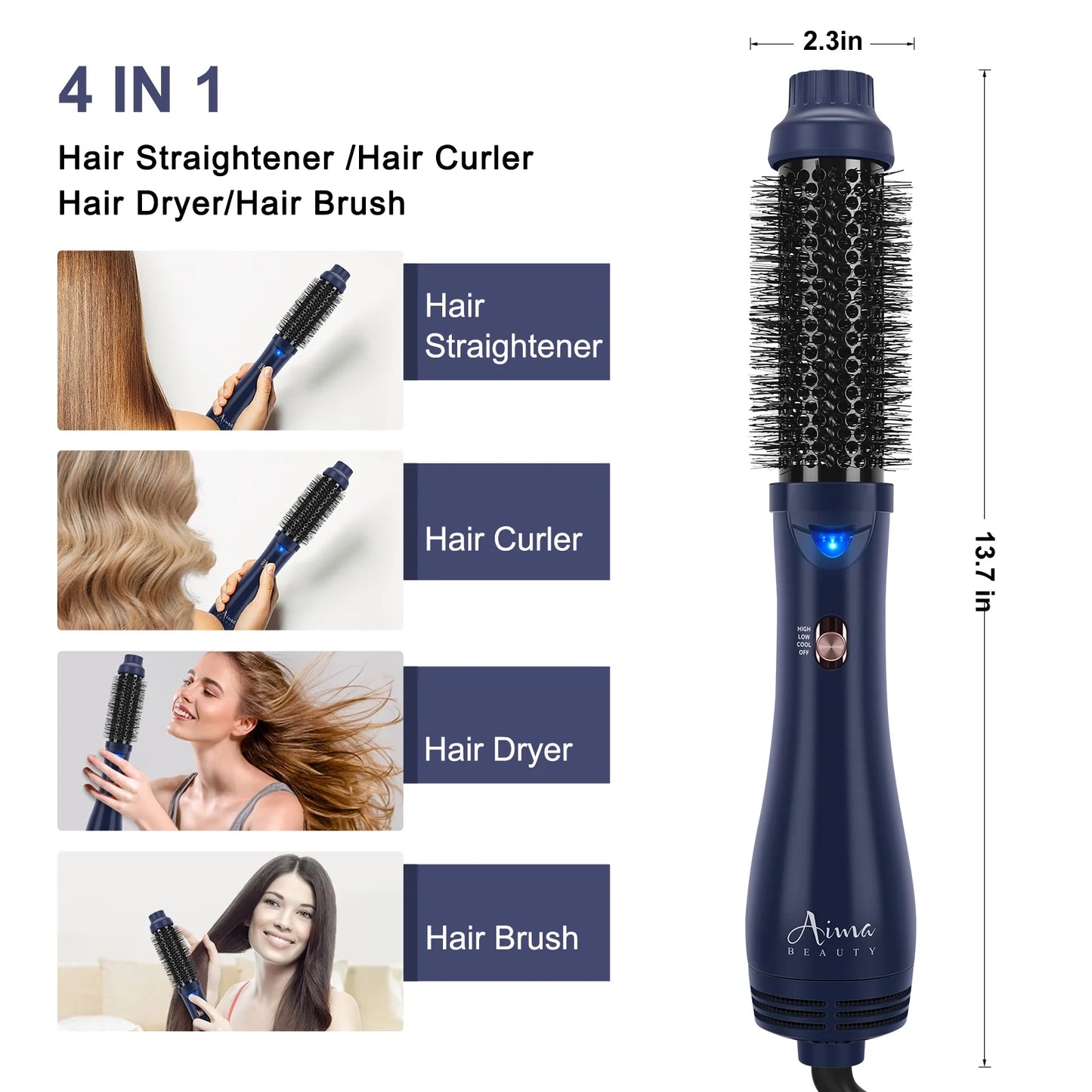 Aima Beauty Cepillo Secador de Pelo, Cepillo de Aire Caliente con Función de Actualización 4 en 1 para Mujeres, Cepillo Secador, Azul de Prusia