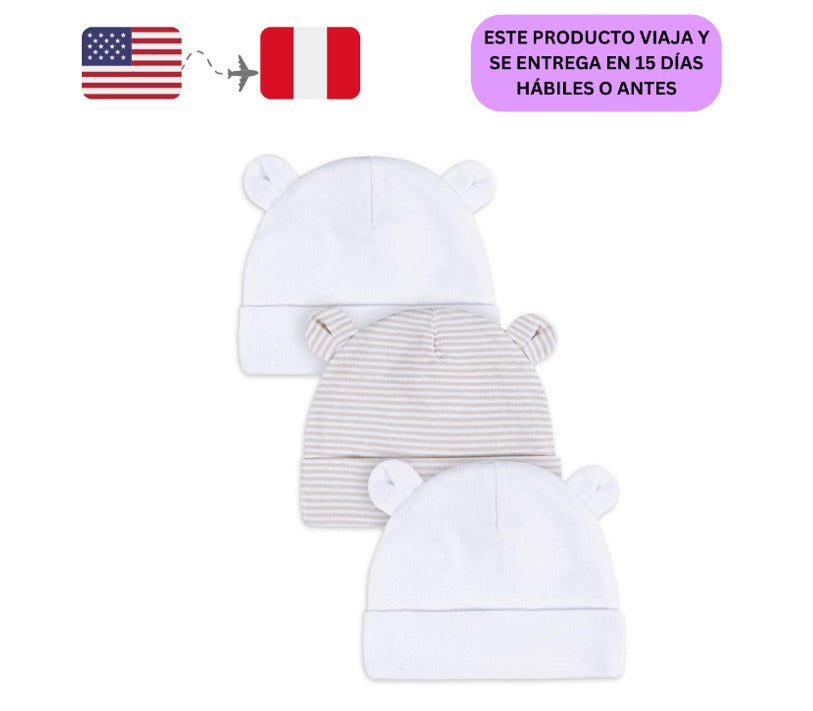 Gerber Baby Niño O Niña Unisex White Gorros de Algodón, Paquete de 3, Tamaños Recién Nacidos - 0/6 Meses