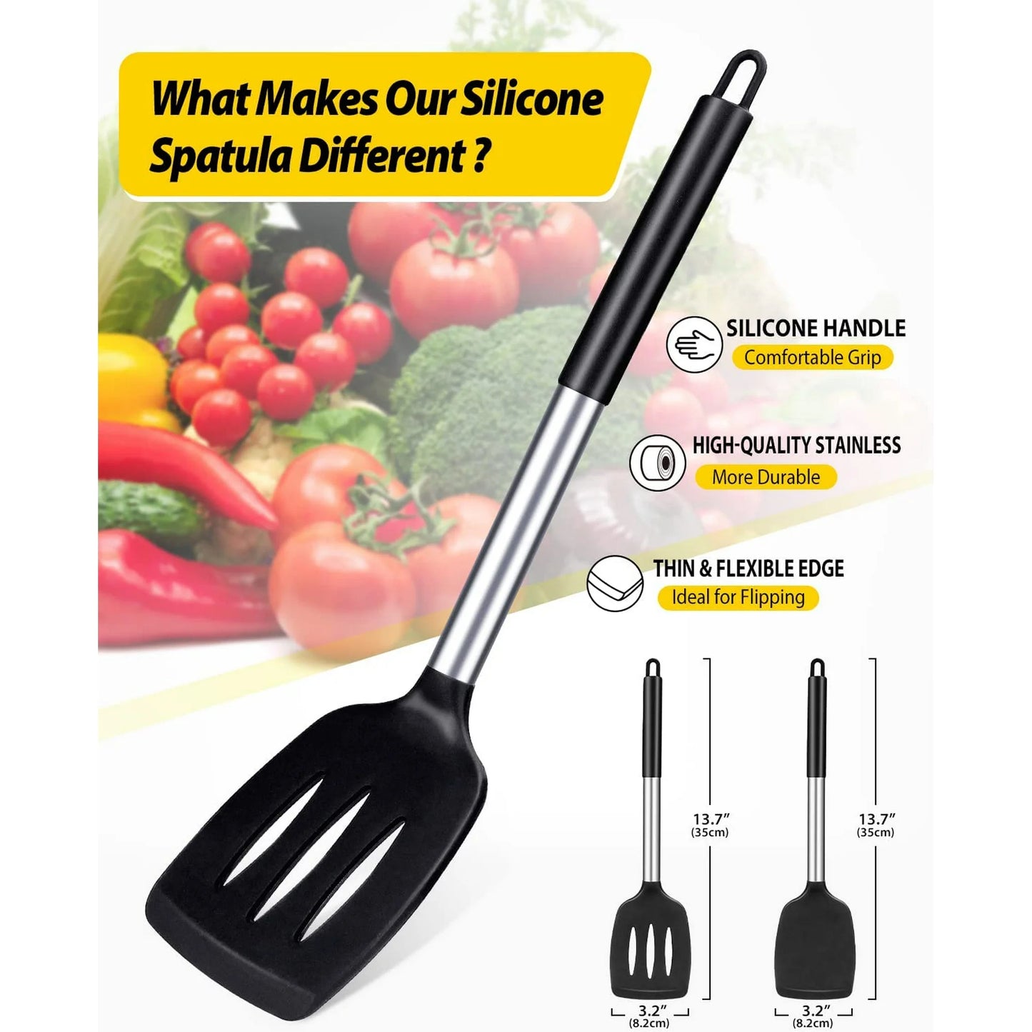 Bundlepro Pack de 2 Espátulas Volteadoras de Silicona, Utensilios de Cocina Sólidos y Ranurados Antiadherentes, Color Negro