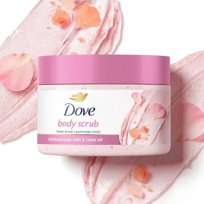 Dove Exfoliante Corporal Hidratante para Mujer para una Piel Visiblemente Sedosa y Nutrida, Himalayan Salt y Aceite de Rosa,