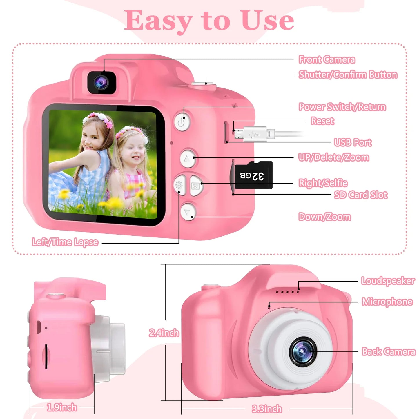 Rirool Cámara para Niños HD, Cámara Selfie para Niñas de 3 a 12 Años, Cámara Digital de Video y Fotografía + Tarjeta de memoria 32GB