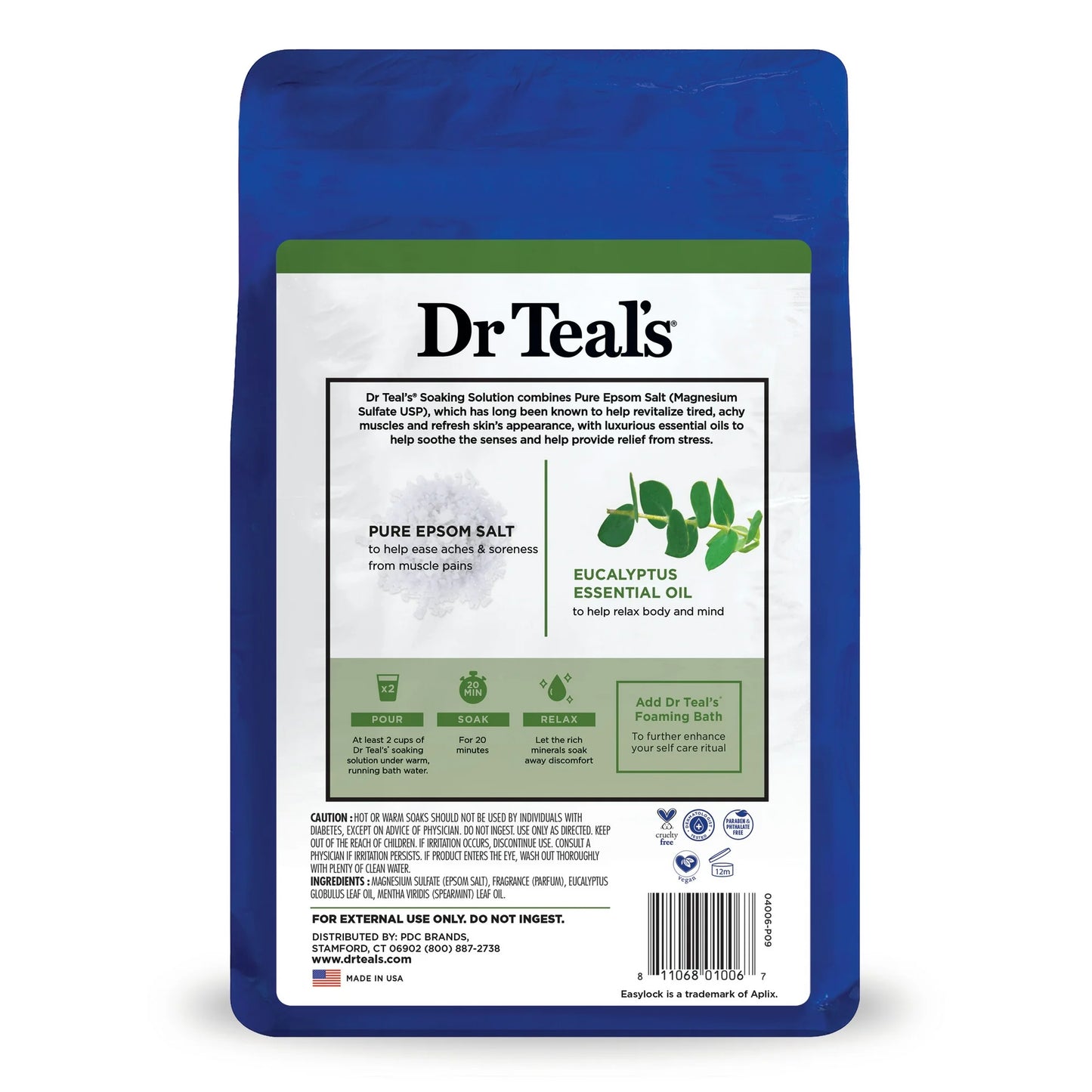 Dr Teal's Epsom Sal Magnesio en Remojo, Relax & Relief con Eucalyptus & Spearmint, 3 Libras