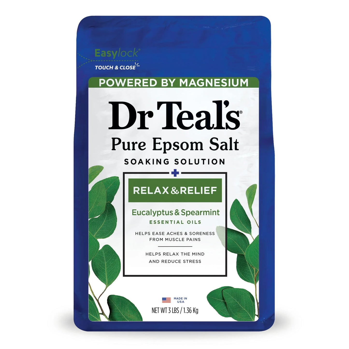 Dr Teal's Epsom Sal Magnesio en Remojo, Relax & Relief con Eucalyptus & Spearmint, 3 Libras