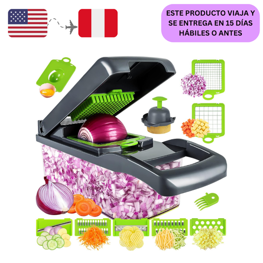 Picadora de verduras, cebollas, profesional, de alimentos, multifuncional, 13 en 1, de cocina, con 8 cuchillas, de zanahorias y ajos, con recipiente