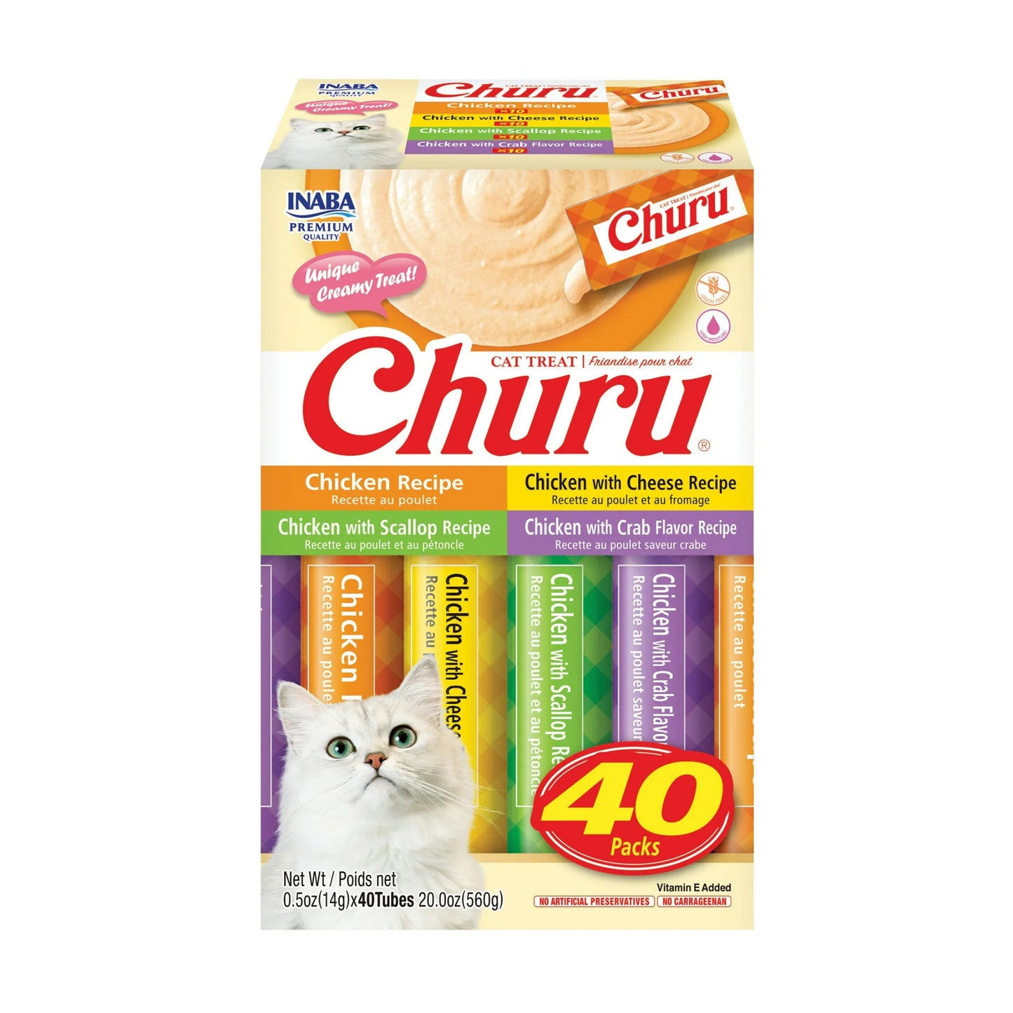 Inaba Churu Cremoso, Golosinas para Gatos Lamebles, 0.5 oz, 40 Tubos, Variedad de Pollo