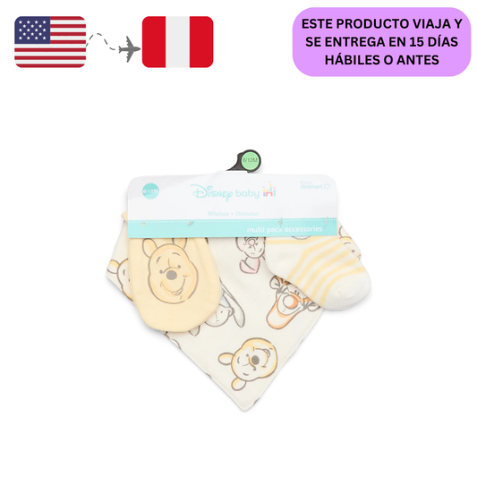 Disney Baby Desea + Sueña, Juego de Babero, Calcetines y Manoplas con Accesorios para Bebé, Paquete de 3, Tallas Recién Nacido- 0-6 meses