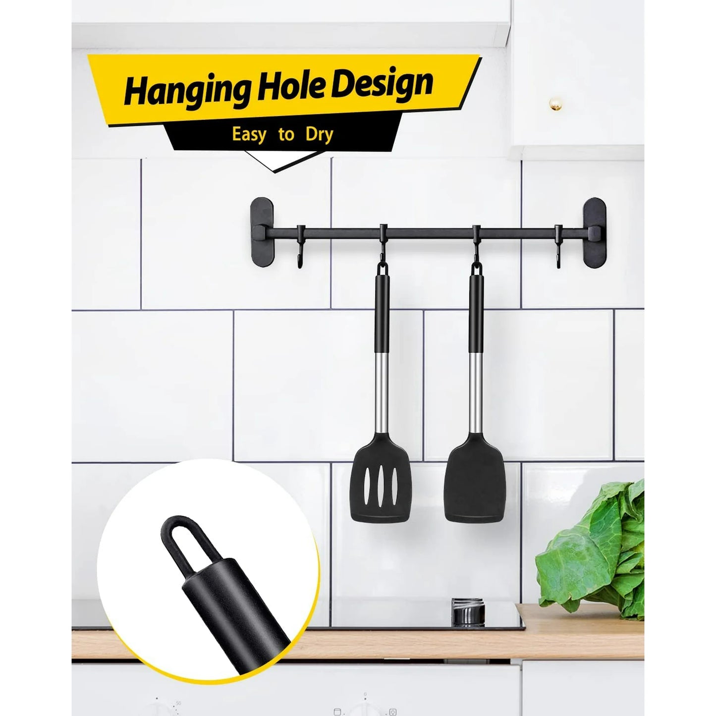 Bundlepro Pack de 2 Espátulas Volteadoras de Silicona, Utensilios de Cocina Sólidos y Ranurados Antiadherentes, Color Negro