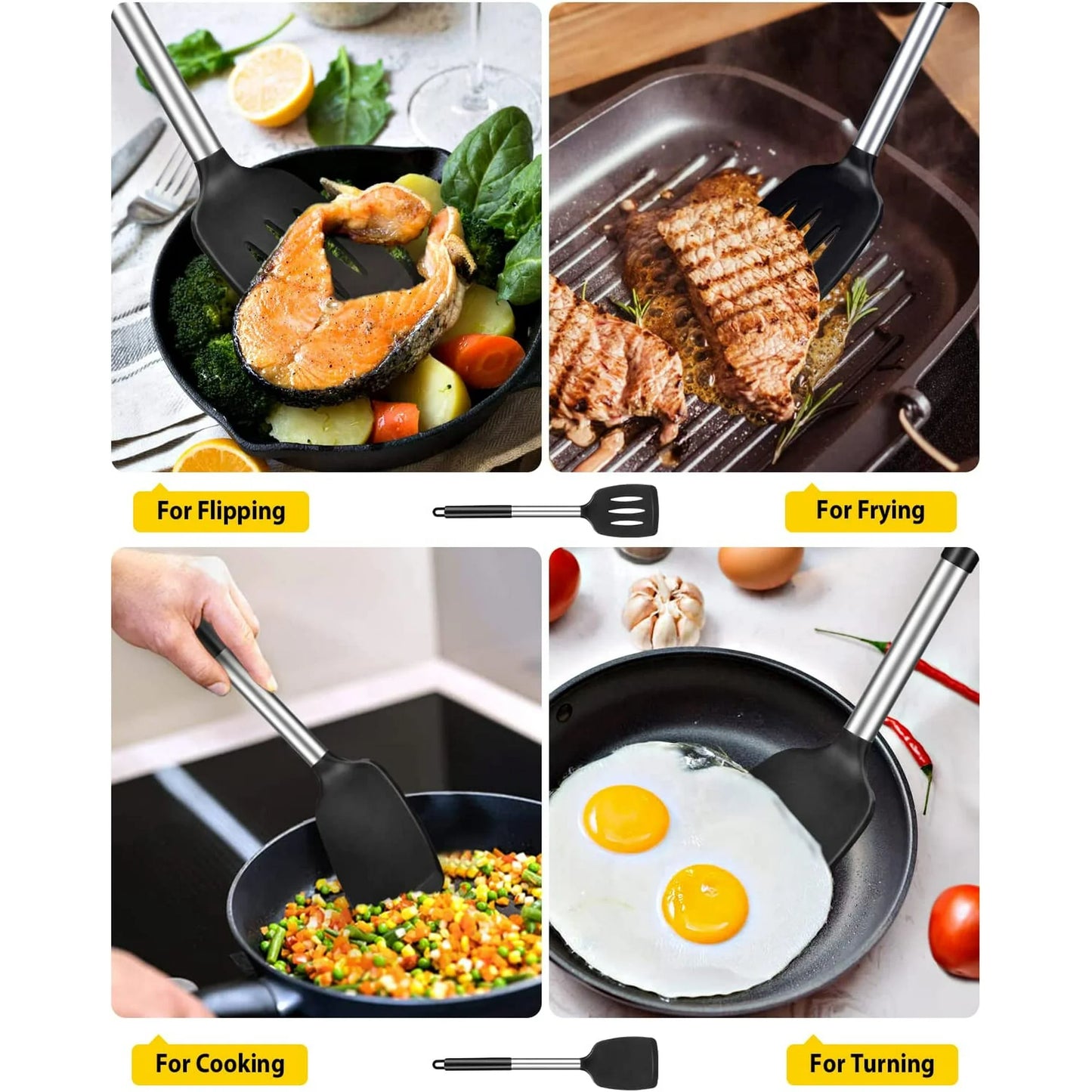 Bundlepro Pack de 2 Espátulas Volteadoras de Silicona, Utensilios de Cocina Sólidos y Ranurados Antiadherentes, Color Negro