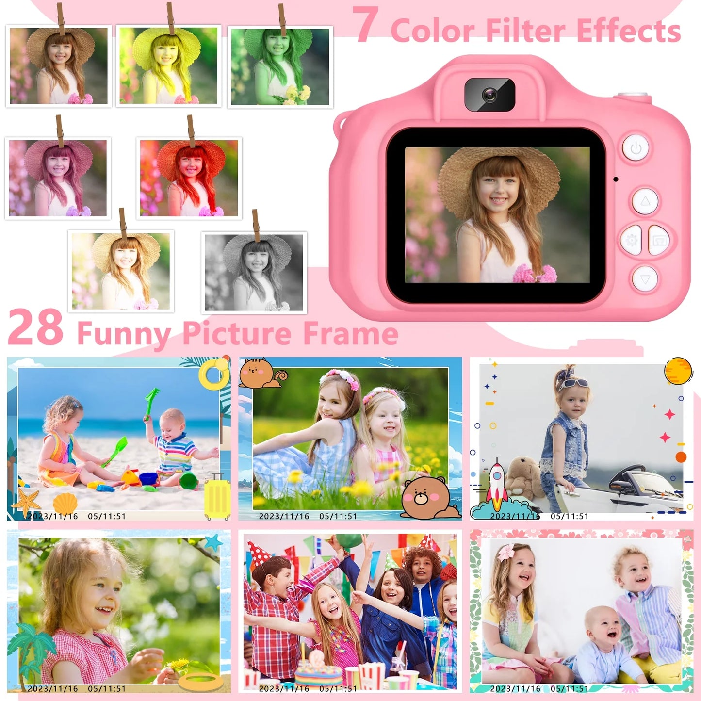 Rirool Cámara para Niños HD, Cámara Selfie para Niñas de 3 a 12 Años, Cámara Digital de Video y Fotografía + Tarjeta de memoria 32GB