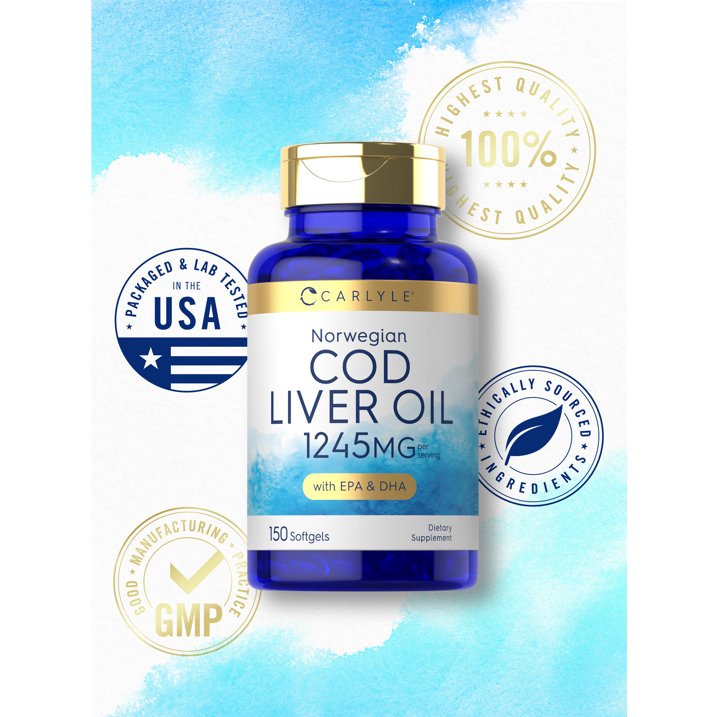 Aceite de Hígado de Bacalao Noruego COD Liver Oil  con EPA & DHA 1245mg 150 Cápsulas de Gel Carlyle