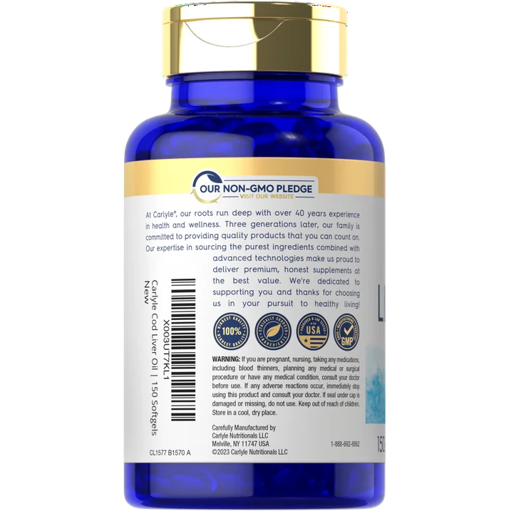 Aceite de Hígado de Bacalao Noruego COD Liver Oil  con EPA & DHA 1245mg 150 Cápsulas de Gel Carlyle