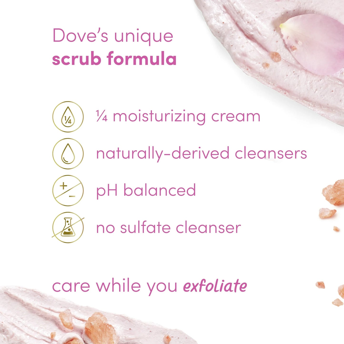 Dove Exfoliante Corporal Hidratante para Mujer para una Piel Visiblemente Sedosa y Nutrida, Himalayan Salt y Aceite de Rosa,