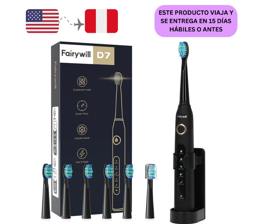 Fairywill Cepillo de Dientes Eléctrico Sónico Cepillo de Dientes Eléctrico Recargable con 4 Cabezales de Cepillo, 5 Modos y Temporizador Inteligente Incorporado de 2 Minutos, Negro